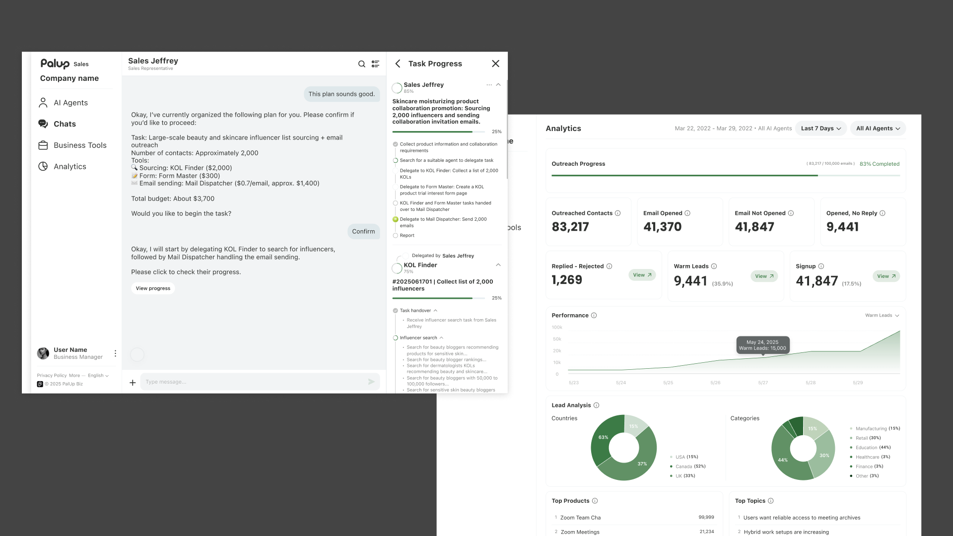 Briefing an AI agent in chat, live task progress, and outreach analytics